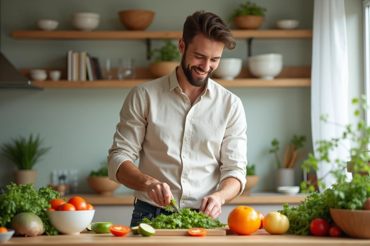Jeune homme préparant une salade de légumes dans une cuisine moderne