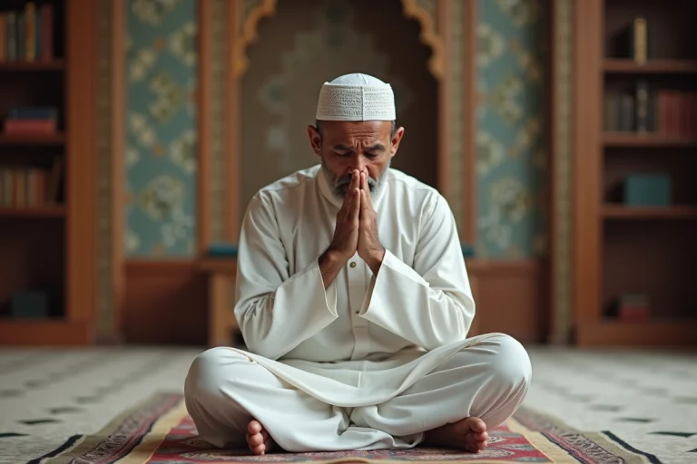 Homme sud-asiatique en prière dans une mosquee calme