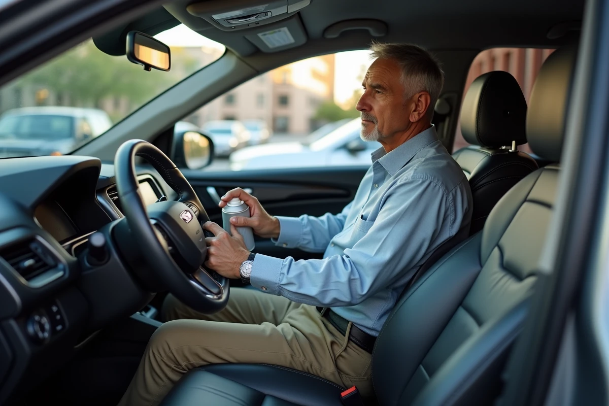 Homme appliquant un protecteur sur le volant en cuir