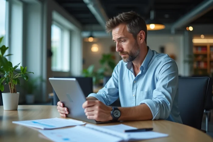 Homme consultant le catalogue SG Vacances 2026 en ligne sur tablette pendant une pause au bureau