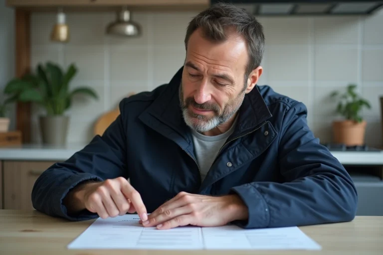 Homme français examine son document de voiture à la maison