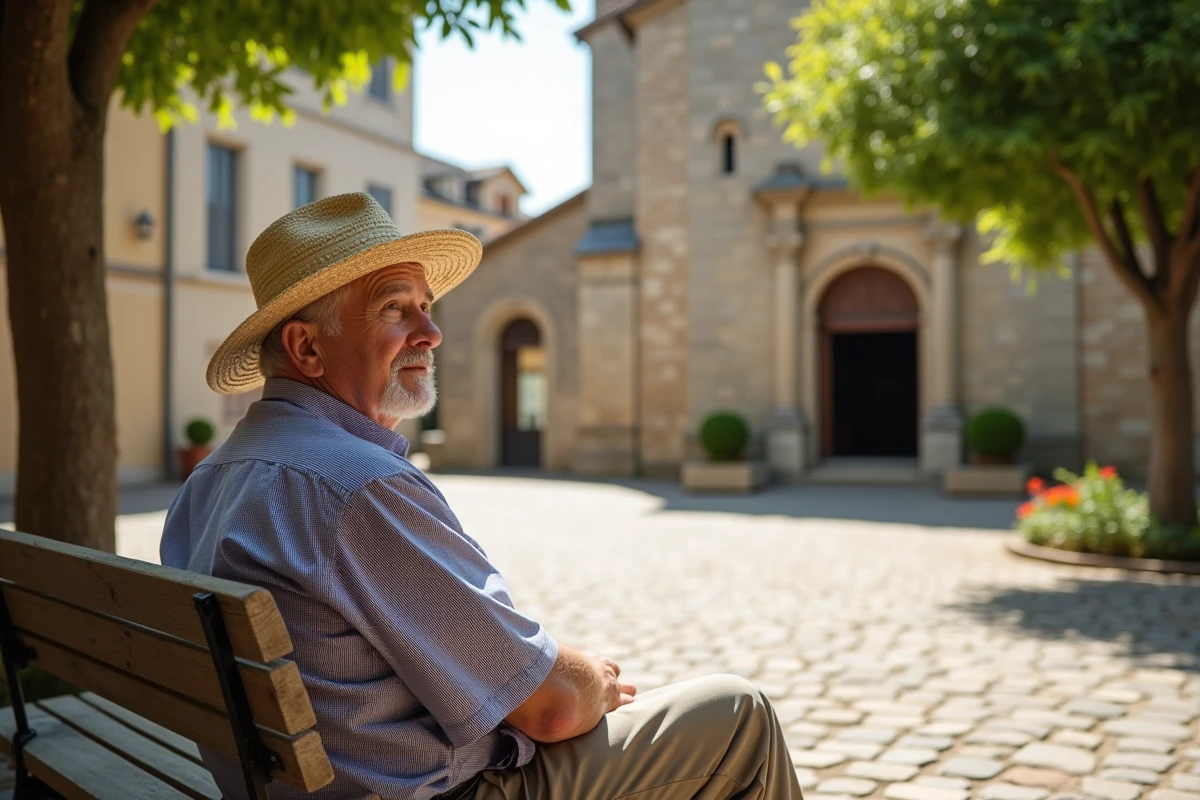 Homme âgé assis devant l’église romane de Concze dans la campagne française