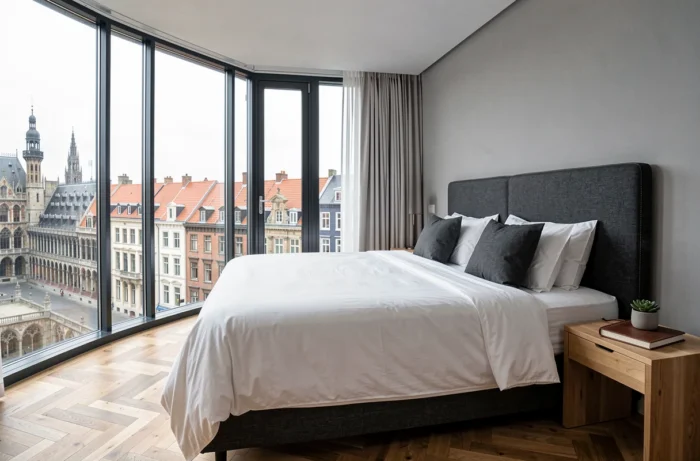 Chambre d'hôtel boutique contemporaine à Bruxelles avec vue panoramique sur les toits de la Grand-Place et décoration épurée