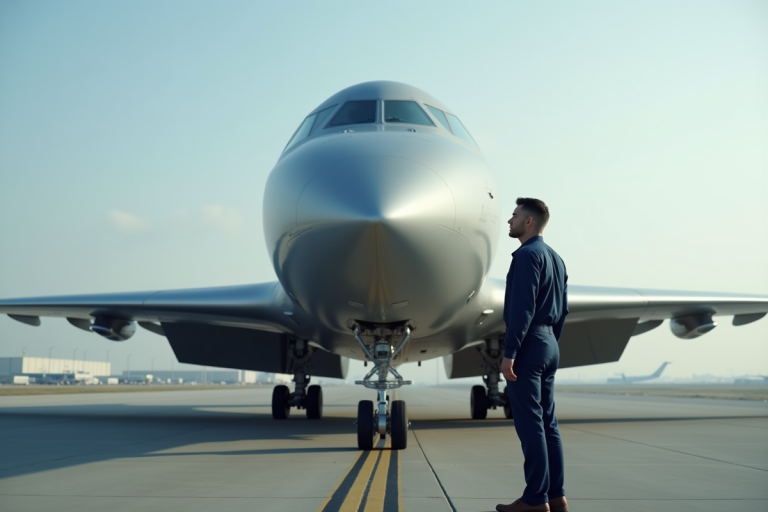 Ingénieur aéronautique en combinaison navy examine un avion futuriste