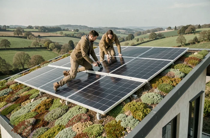 Couple installant des panneaux solaires sur un toit végétalisé d'une maison écologique moderne à la campagne