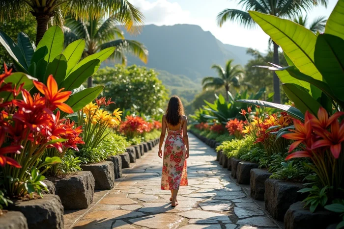 Femme se promenant dans un jardin botanique hawaïen bordé de fleurs exotiques tropicales colorées