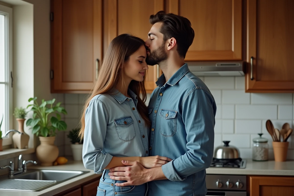 Jeune couple s’embrassant dans une cuisine chaleureuse