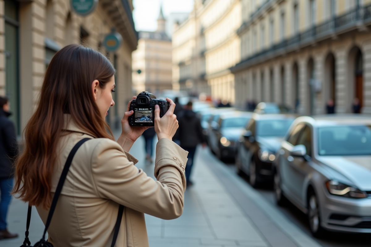 Jeune femme photographiant des plaques d