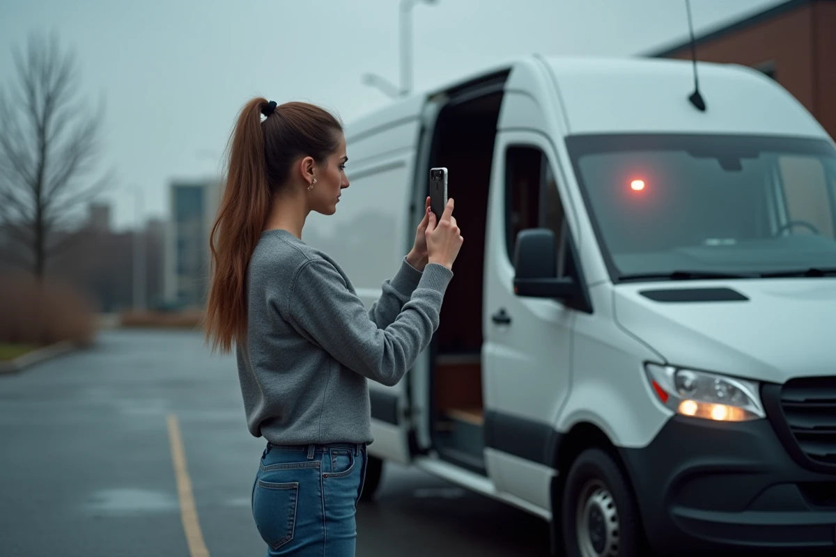 Jeune femme photographiant le voyant rouge dans la voiture