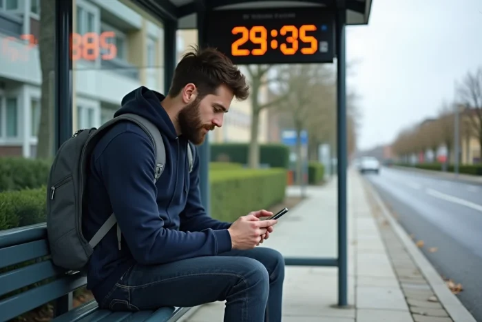 Jeune homme attendant le bus sous un abribus avec panneau d'affichage des horaires en temps réel