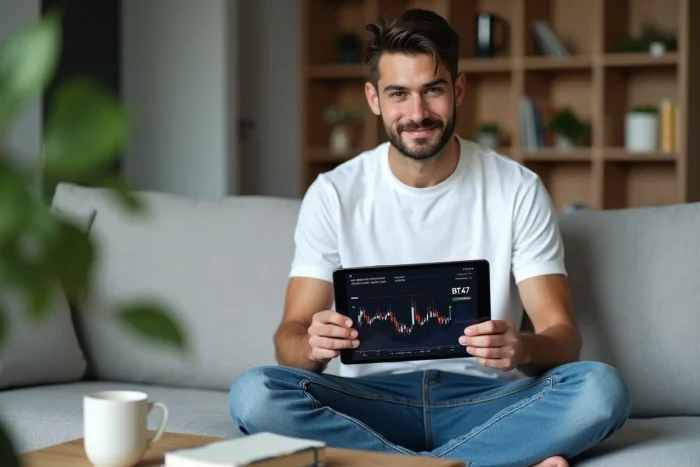 Jeune homme débutant consultant des données de l'indice BT47 sur une tablette numérique dans son salon