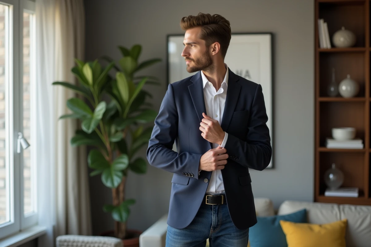 Jeune homme en tenue chic dans un appartement moderne