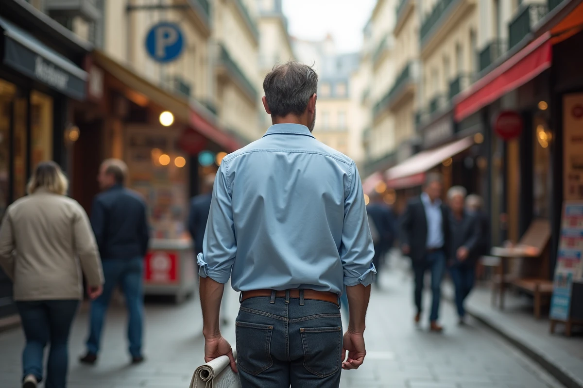 Journaliste marchant dans une rue parisienne animée