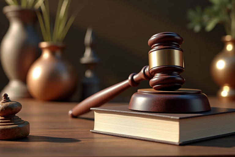 Marteau de juge sur un livre de droit avec objets culturels