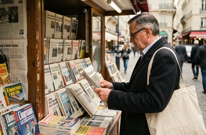 Homme consultant les journaux à un kiosque parisien, une revue de presse des actualités françaises