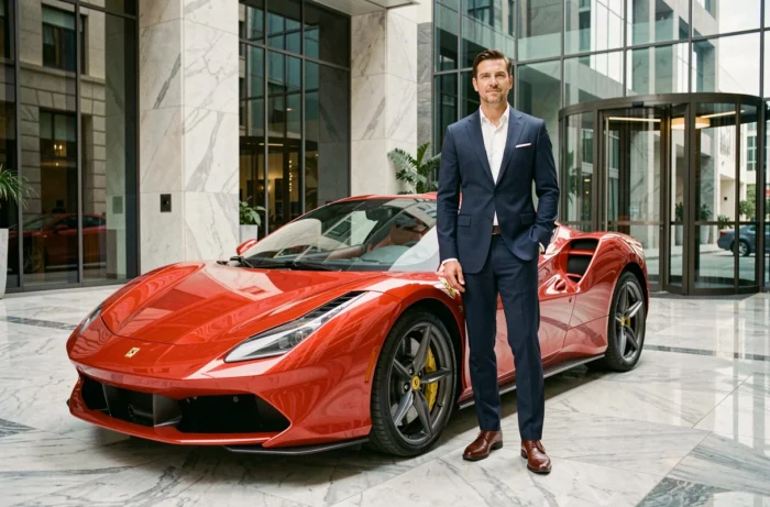 Homme en costume devant une Ferrari rouge lors d'une location de voiture de luxe via Cars The Stars