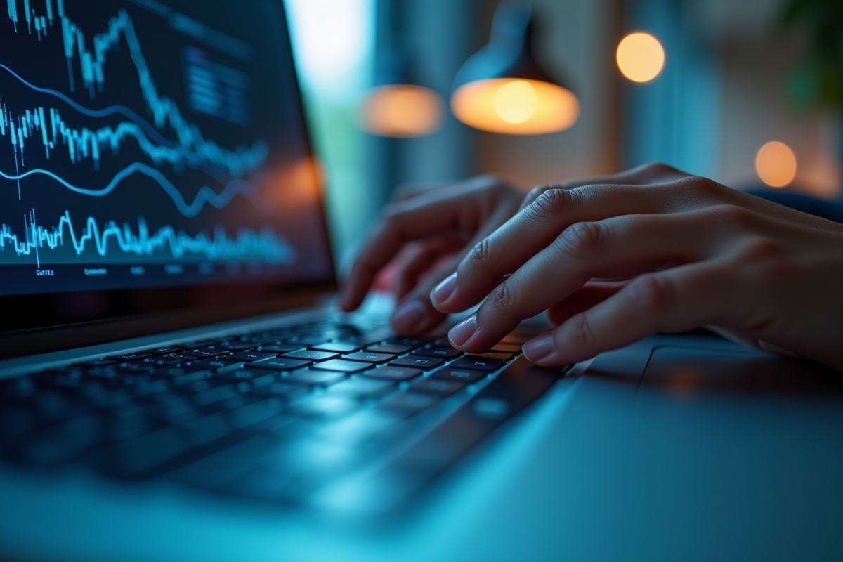 Mains tapant sur un ordinateur avec graphiques dynamiques