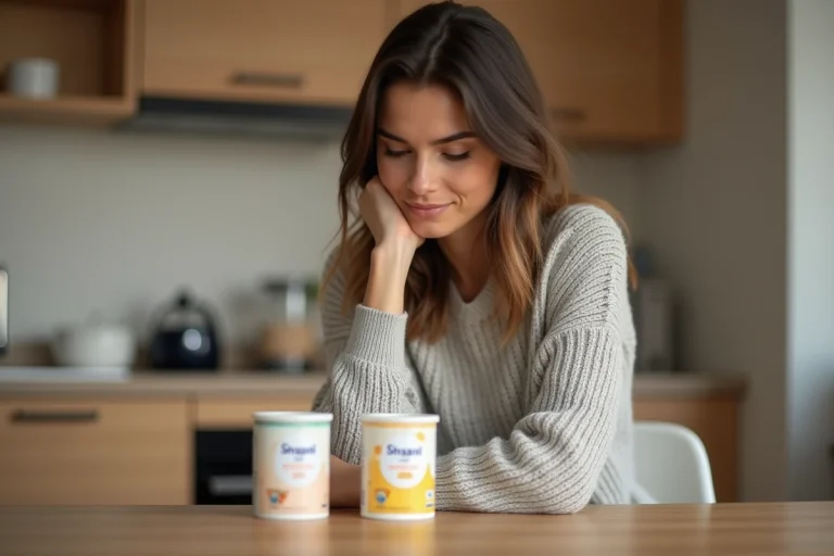 Maman comparant deux contenants de lait pour bébé dans la cuisine