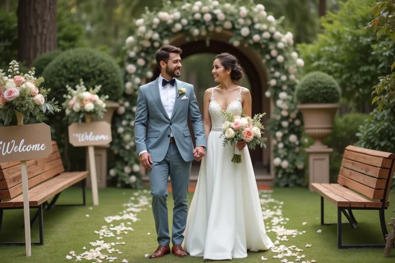 Jeune couple marié dans un jardin fleuri lors d'un mariage