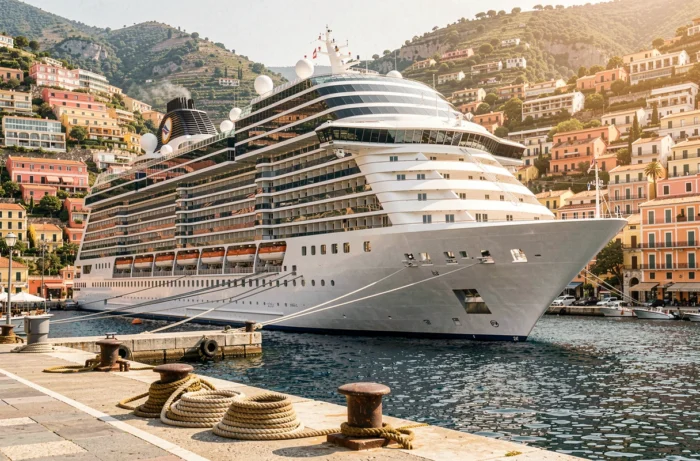 Grand navire de croisière amarré dans un port méditerranéen avec des bâtiments colorés en arrière-plan