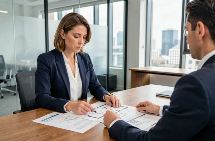 Femme professionnelle négociant l'achat d'un appartement neuf avec un agent immobilier dans une agence moderne
