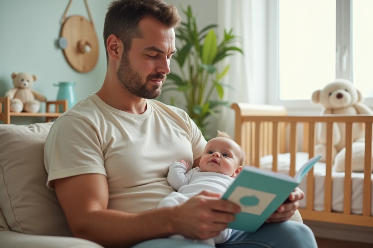 Papa tenant un bébé en regardant un livret sur le lait infantile