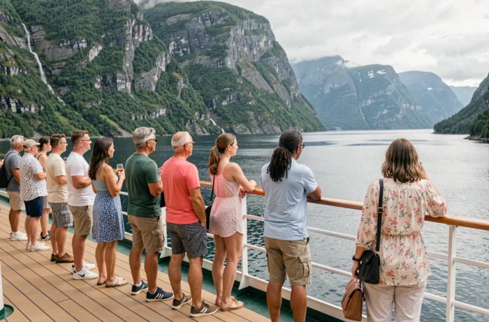 Passagers de croisière admirant un fjord depuis le pont d'un navire en Norvège