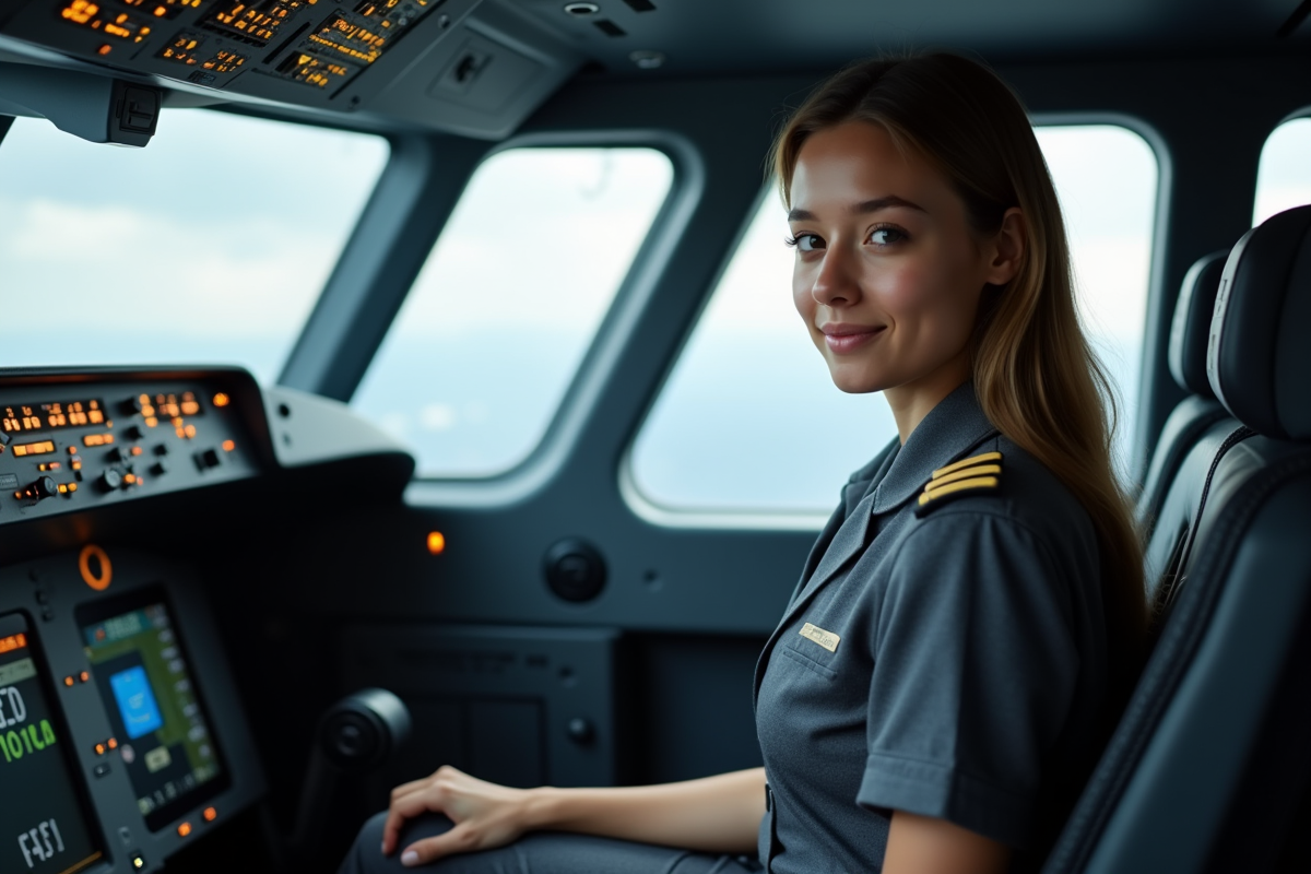 Jeune pilote dans le cockpit d’un avion de ligne moderne