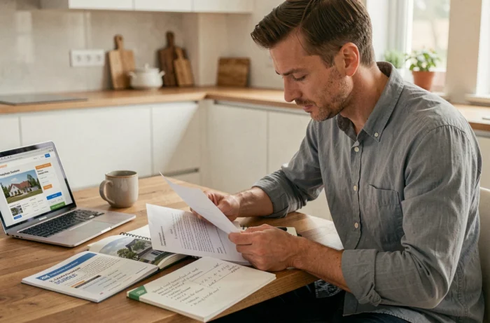Homme étudiant les documents et calculant les conditions de négociation avant l'achat d'un appartement neuf