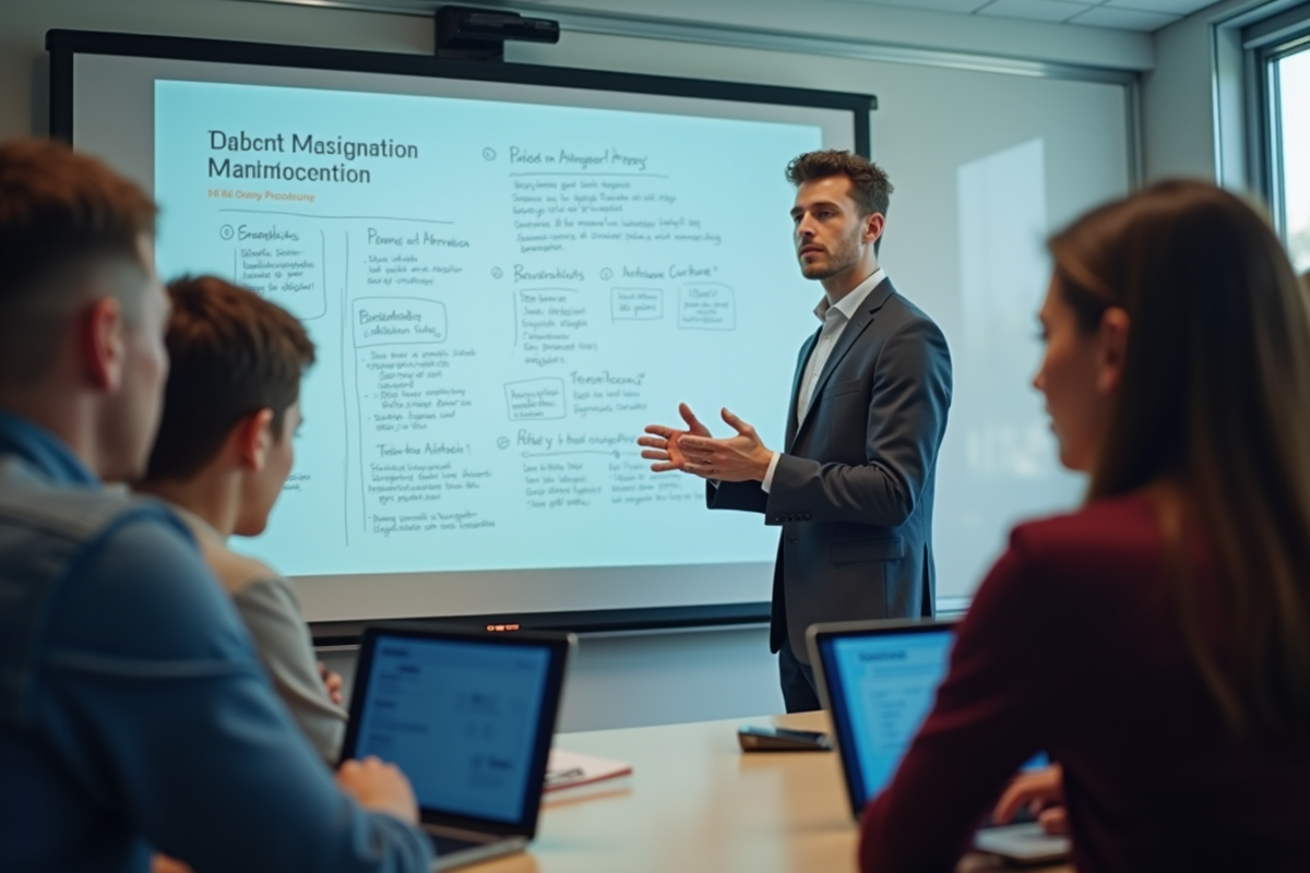 Professeur confiant expliquant devant tableau interactif numérique