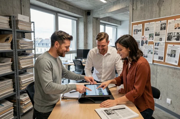 Journalistes en salle de rédaction discutant des actualités françaises de la semaine sur une tablette