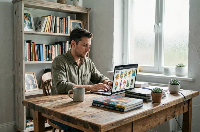 Homme consultant des ressources créatives en ligne sur son bureau dans un espace de travail artistique à domicile