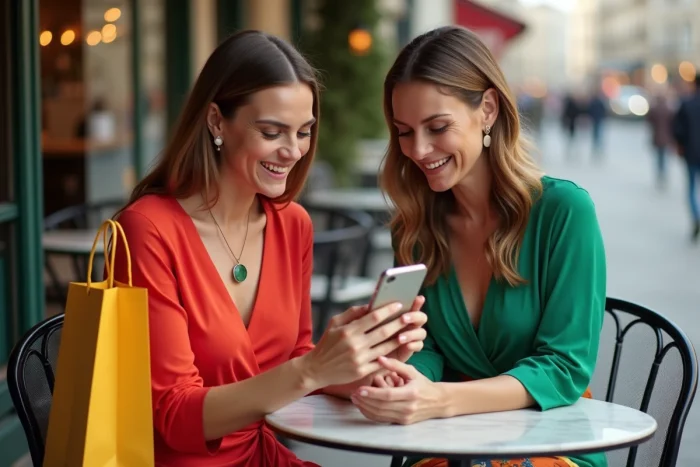 Deux amies souriantes entourées de sacs de shopping colorés en terrasse de café parisien