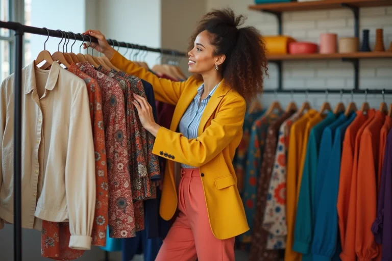 Jeune femme tendance explorant des vêtements colorés dans une boutique de mode indépendante
