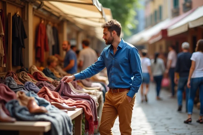 Homme élégant découvrant des accessoires colorés dans un marché de mode en plein air