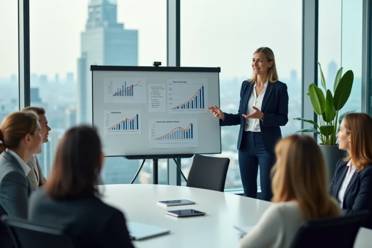 Une dirigeante d'entreprise présentant des stratégies de croissance à son équipe dans une salle de conférence moderne