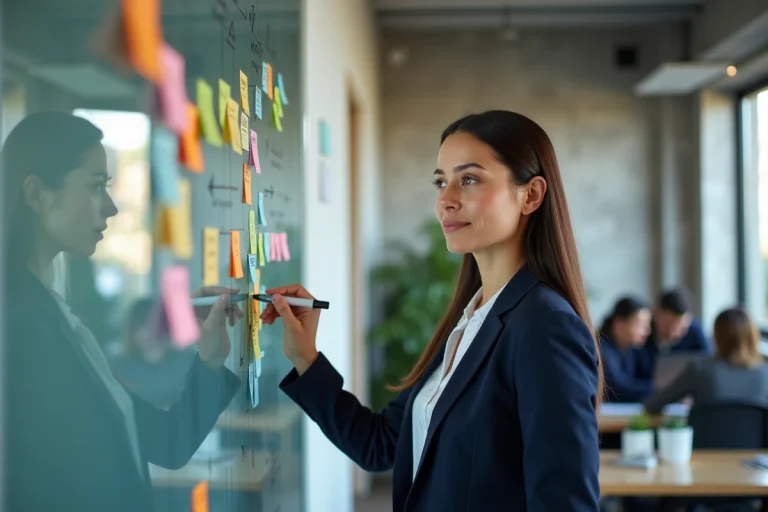Professionnelle en marketing développant une stratégie sur un tableau blanc dans un bureau moderne