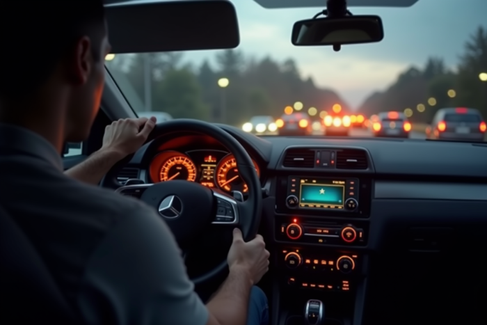 Tableau de bord de voiture avec voyants allumés en lumière naturelle