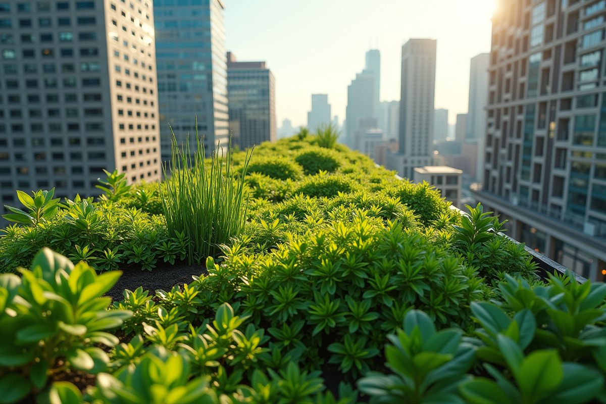 Jardin sur le toit d’un immeuble en ville vu du dessus