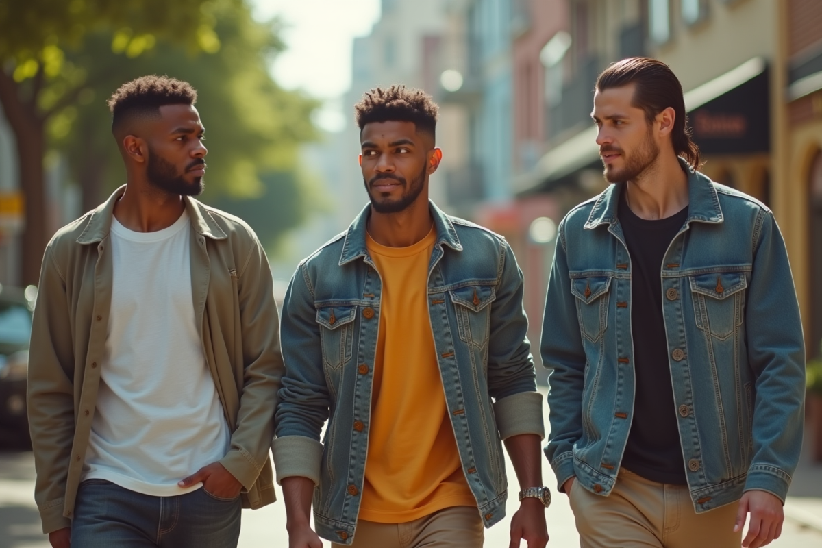 Trois hommes avec coiffures tendance 2025 en rue
