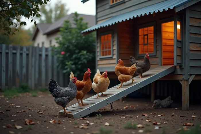 Troupeau de poules rentrant au poulailler en fin de journée via une rampe d'accès sécurisée