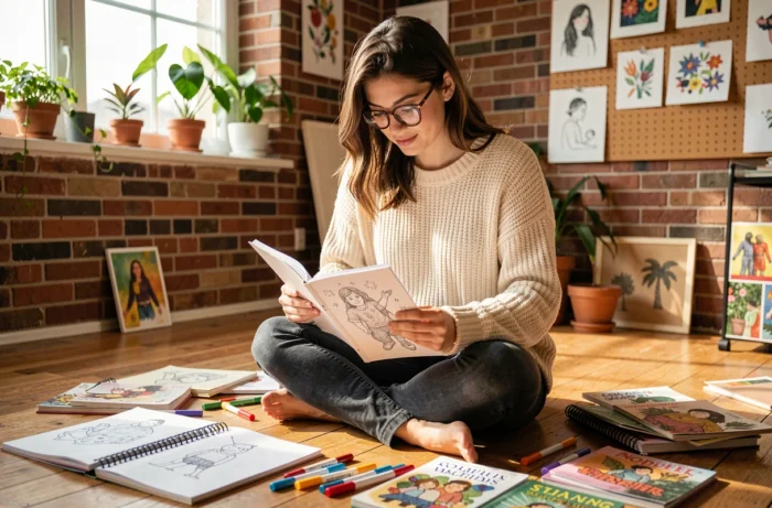 Jeune femme créative feuilletant des carnets de croquis et des ressources illustrées dans un atelier artistique chaleureux