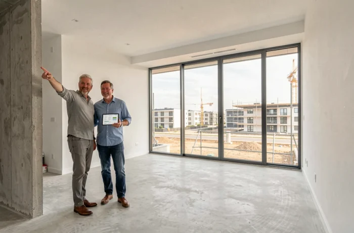 Couple visitant un appartement neuf en cours de commercialisation pour évaluer leur achat immobilier